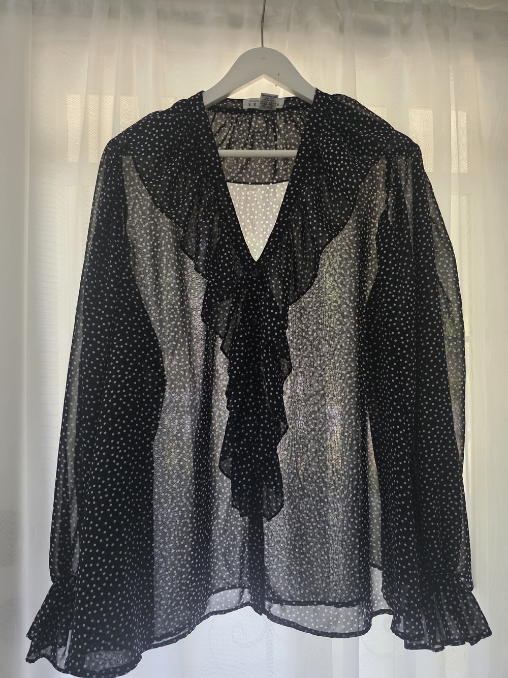 Express Black Sheer Polka Dot Ruffle V-Neck Blouse